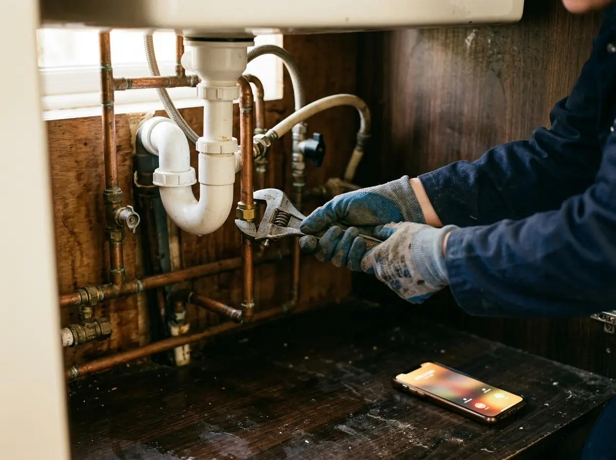 AI-generated illustration of a plumber's gloved hands tightening a pipe under a sink, with a phone lighting up on the floor beside them