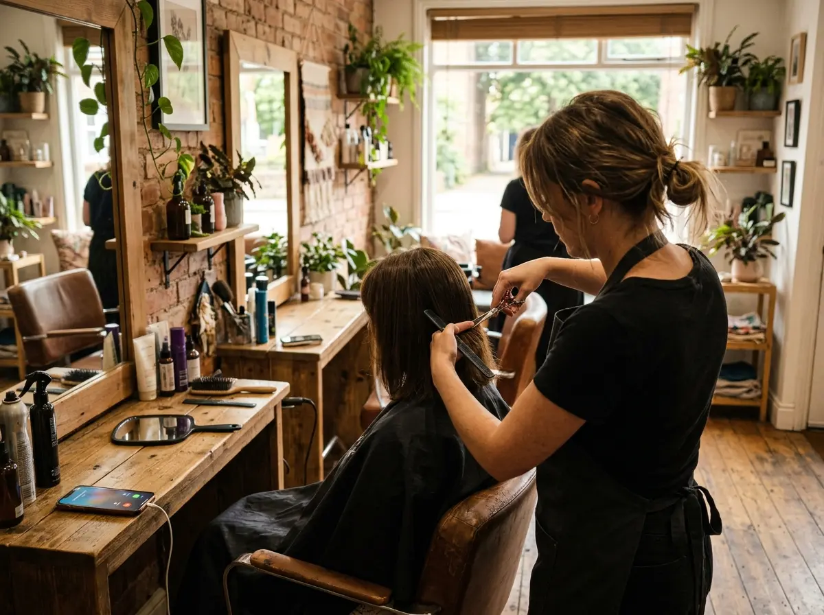 AI-generated illustration of a hairdresser mid-cut, seen from behind, with a phone lighting up on the counter